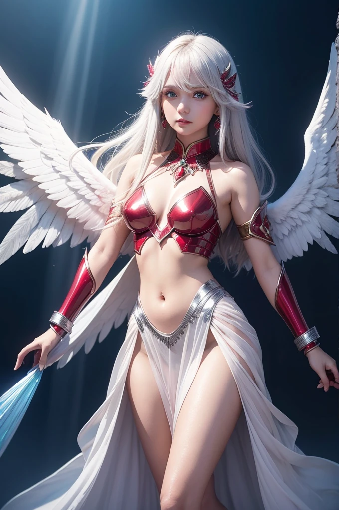 Makes the poha of an angel with red ruby stone armor with 4 WINGS and long silver hair with blue eyes and rays and light 