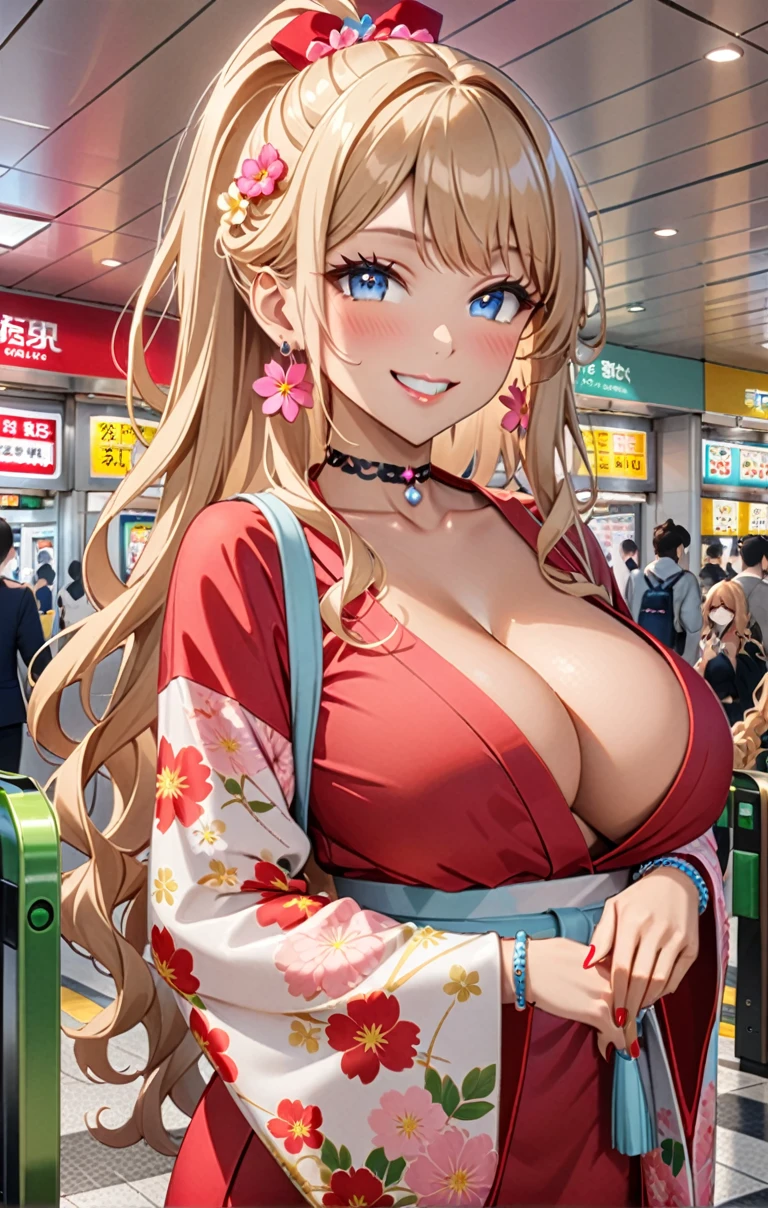 ultra-detailed, ((one girl)), (tan skin:1.6), in pastel colors gyaru, (heavy makeup), (professional lighting) hyper detailed, absurdres, 8K, Beautiful Face, (Laugh shyly), ((teasing smile:1.8)), ((Wink:1.7)), (Laugh with your mouth wide open),((Tilt your face:1.6)), View your viewers, ((Bright red cheeks:1.6)),Glossy Red Lips, ((Big Breasts:1.5)), ((undressing:1.2)), noon, Station ticket gates , ((Anime style background)),masterpiece, Highest quality, so beautiful,Latest, Complex details, ((Neon pink long nails)), (nail art), (ring),(bracelet), (Floral Choker),AI-generated, Complex,High resolution, Highest quality, super high quality,3D Images、3D Images,One person,Blonde long hair,(High Ponytail), (wavy hair:1.3), Blonde anime woman posing for a photo, ((Fine grain、blue eyes、glowing eyes:1.4)), (Squint your eyes:1.1),a hyperRealistic , hyperRealistic , Realistic,Anime woman with long pastel yellow hair, Smooth anime CG art, A girl in a gorgeous pastel-colored kimono, ((Pastel-colored furisode)),(Pink large floral pattern), Long flower hair ornament,Floral Earrings,Mature Body, tall,Narrow waist, ((from side))