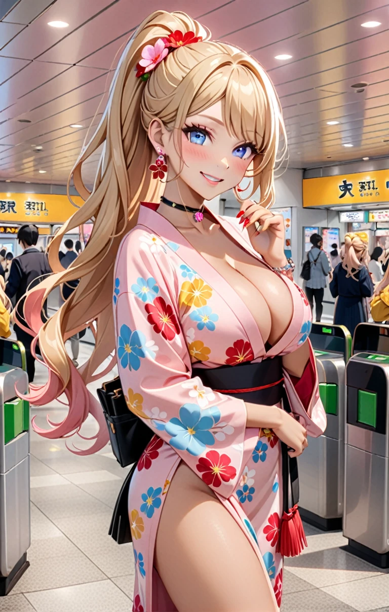 ultra-detailed, ((one girl)), (tan skin:1.6), in pastel colors gyaru, (heavy makeup), (professional lighting) hyper detailed, absurdres, 8K, Beautiful Face, (Laugh shyly), ((teasing smile:1.8)), ((Wink:1.7)), (Laugh with your mouth wide open),((Tilt your face:1.6)), View your viewers, ((Bright red cheeks:1.6)),Glossy Red Lips, ((Big Breasts:1.5)), ((undressing:1.2)), noon, Station ticket gates , ((Anime style background)),masterpiece, Highest quality, so beautiful,Latest, Complex details, ((Neon pink long nails)), (nail art), (ring),(bracelet), (Floral Choker),AI-generated, Complex,High resolution, Highest quality, super high quality,3D Images、3D Images,One person,Blonde long hair,(High Ponytail), (wavy hair:1.3), Blonde anime woman posing for a photo, ((Fine grain、blue eyes、glowing eyes:1.4)), (Squint your eyes:1.1),a hyperRealistic , hyperRealistic , Realistic,Anime woman with long pastel yellow hair, Smooth anime CG art, A girl in a gorgeous pastel-colored kimono, ((Pastel-colored furisode)),(Pink large floral pattern), Long flower hair ornament,Floral Earrings,Mature Body, tall,Narrow waist, ((from side))