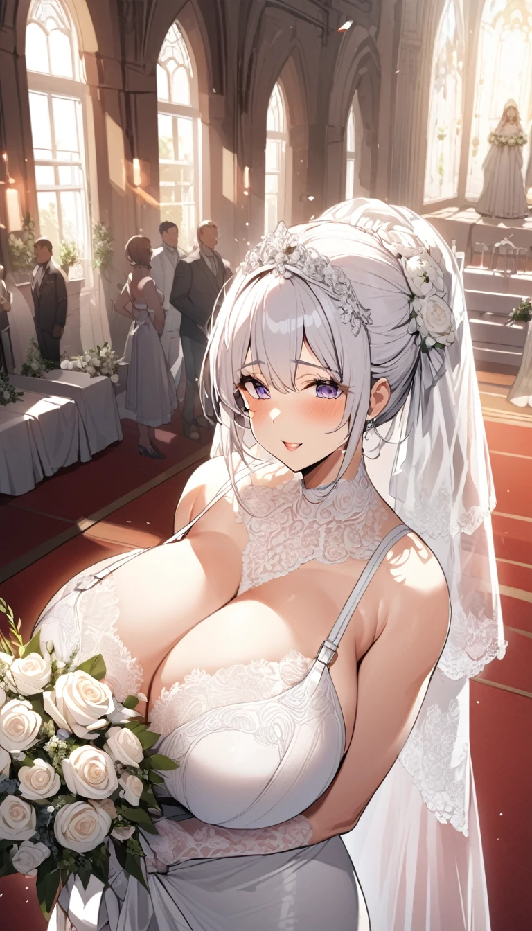 Girl with huge sagging breasts wearing a provocative wedding bra with a huge lace neckline ,bridal veil and bouquet at the altar