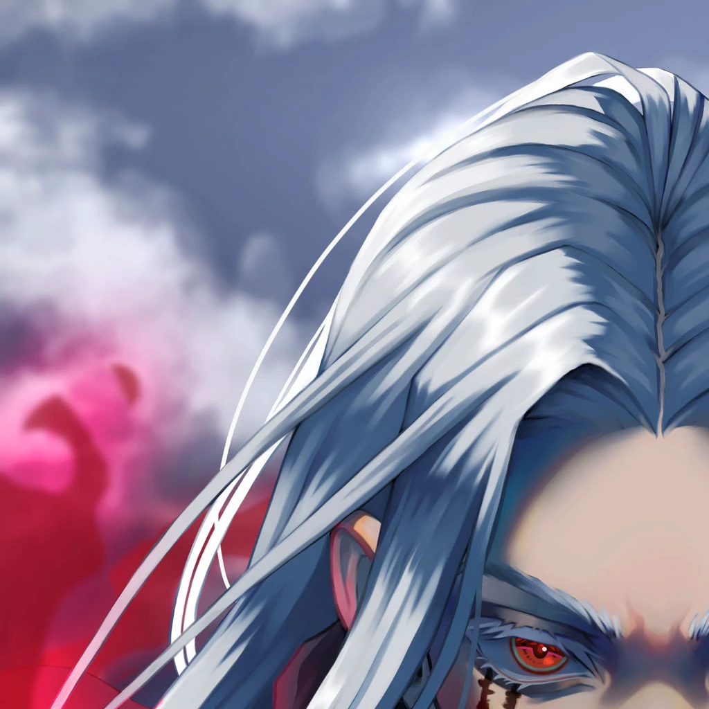Handsome, silvery-white long hair, red eyes, Innocent Zero, Cyril Marcus, Mashle: Magic and Muscles, Dark wizard, the main antagonist of the Divine Visionary Selection Exam Arc and the Eclipse Arc, handsome, young man, two arrow marks under his left eye resembling the hour and minute hand of a clock