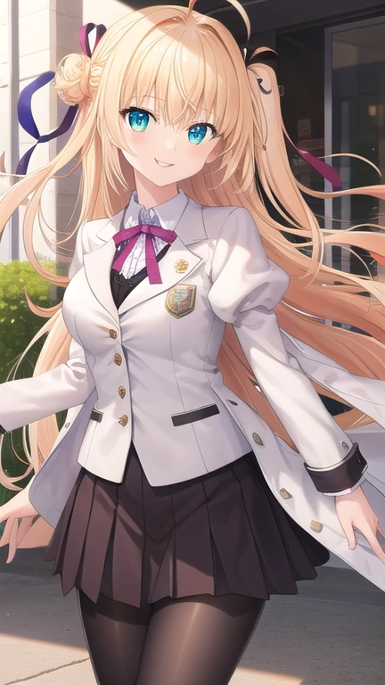 ((masterpiece)),(best quality),official art,extremely detailed CG,unity 8k wallpaper,ultra detailed,beautiful detailed eyes,extremely detailed face,outdoors,1girl,solo,cowboy shot,looking at viewer,facing viewer,smile,Sakurakouji Tsukuyomi,ahoge,very long hair,blonde hair,one side up,hair intakes,purple hair ribbon,floating hair,hair between eyes,bangs,aqua eyes,,(white jacket),suit jacket,wing collar,pink neck ribbon,white shirt,collared shirt,center frills,large breasts,underbust,juliet sleeves,puffy sleeves,long sleeves,shirt tucked in,black skirt,pleated skirt,plaid skirt,frilled skirt,black pantyhose,argyle legwear,boots,