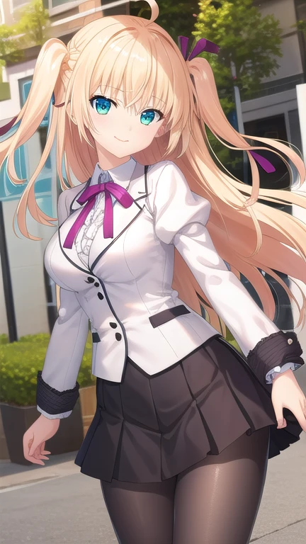 ((masterpiece)),(best quality),official art,extremely detailed CG,unity 8k wallpaper,ultra detailed,beautiful detailed eyes,extremely detailed face,outdoors,1girl,solo,cowboy shot,looking at viewer,facing viewer,smile,Sakurakouji Tsukuyomi,ahoge,very long hair,blonde hair,one side up,hair intakes,purple hair ribbon,floating hair,hair between eyes,bangs,aqua eyes,,(white jacket),suit jacket,wing collar,pink neck ribbon,white shirt,collared shirt,center frills,large breasts,underbust,juliet sleeves,puffy sleeves,long sleeves,shirt tucked in,black skirt,pleated skirt,plaid skirt,frilled skirt,black pantyhose,argyle legwear,boots,