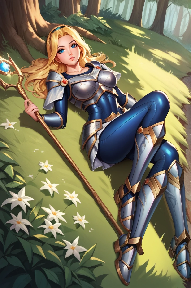 score_9, score_8_up, score_7_up, score_6_up, score_5_up, score_4_up, LuxLoLXL, blue eyes, blonde hair, long hair, hairband, big breasts, collarbone, shoulder armor, armor, blue bodysuit, breastplate, long sleeves, faulds, skirt, blue pants, armored boots, holding staff, solo, full body, looking at viewer, forest, tree ,asleep on the floor,lying down, fainted, lost look

