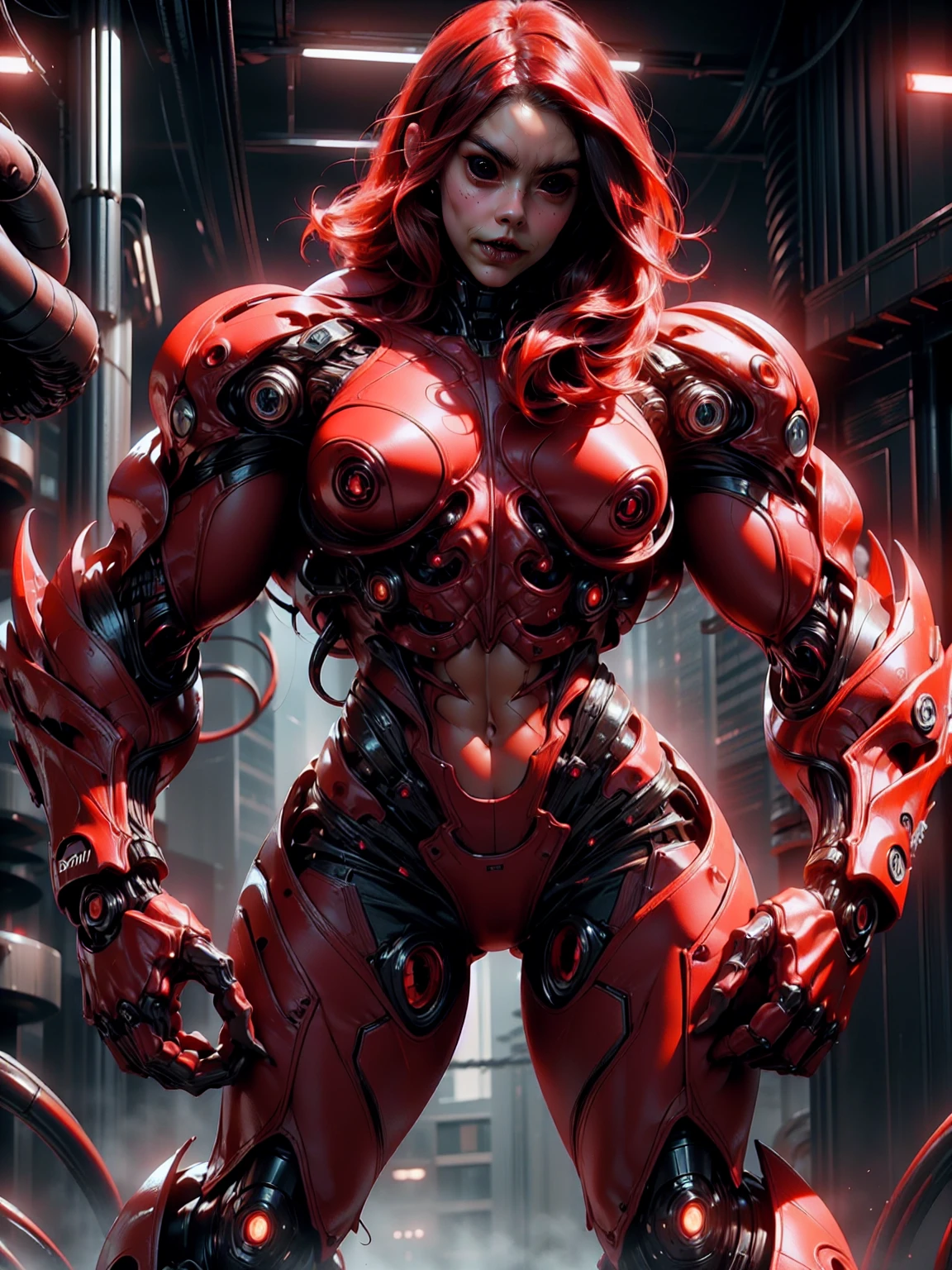 (beautiful girl:1.25), (megan fox:1.25), (young bodybuilder girl wearing cybernetic muscle suit:1.25), carnage muscular physique, seductive face, mouth wide open carnage style, long red hair, perfect muscular body, super skinny legs, sissy, femboy, (carnage style physique)