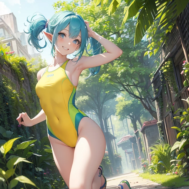 (Absurdres, best high quality, best detailed with gigh quality and very detailed features and textures alone solo character)
{{(20 years old blue-blue haired elf girl: (pale skin, hair tied in two pigtails, heterochromatic eyes, very thin lips, nice body, big-medium breasts, beautiful arms, beautiful legs, big butt, happy face, open smile, lovely, cheerful and adventurer, feminine, running happy), (yellow and light-green one-piece swimsuit), (summer day and green garden)}}