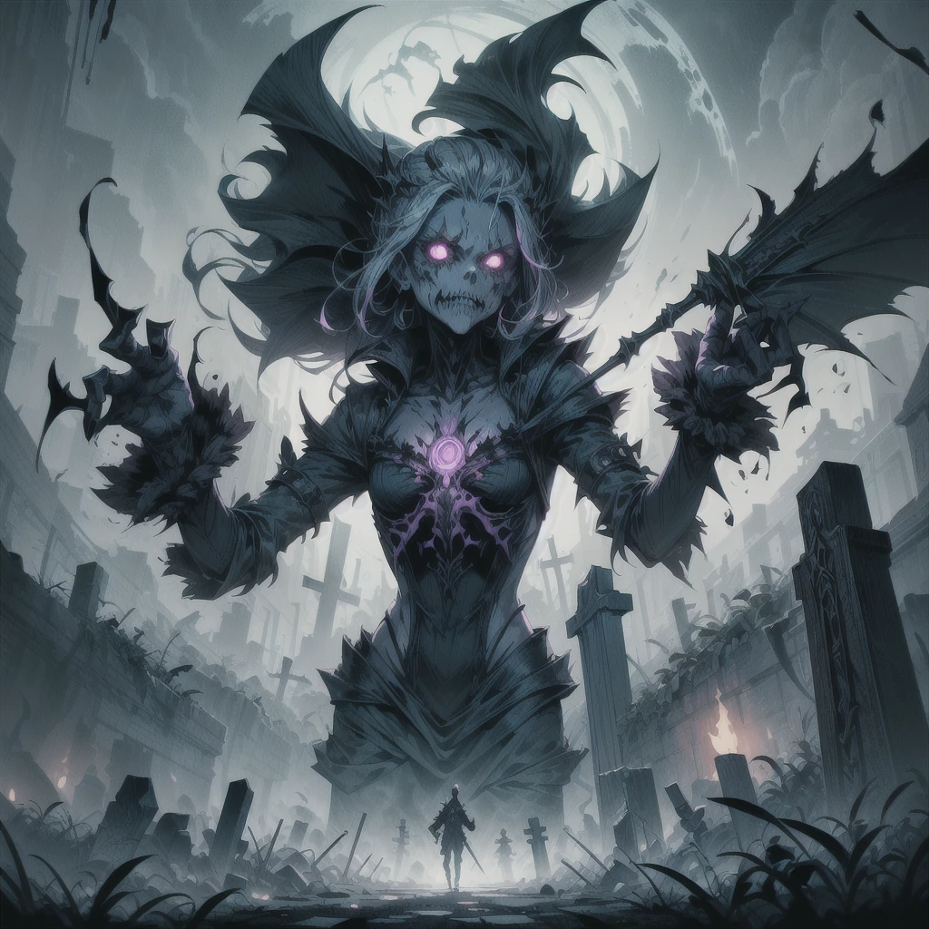 The image depicts a breathtaking and ominous scene., The action takes place in a cemetery in the dead of night. In the center of the image stands a handsome and charismatic necromancer., his dark robes flutter in the wind, as he summons a horde of undead from their resting places.
BREAK His presence attracts, with piercing eyes and a cool demeanor, which contradicts his sinister powers. In his hands, he wields a staff, crackling with dark energy, which he uses, to channel your necromantic magic and awaken the dead..
BREAK The environment is just as creepy., with tombstones and mausoleums, dotting the landscape, casts deep shadows and enhances the feeling of foreboding. BREAK Нежить, which the necromancer summons, grotesque and perverted., their eyes glow with unholy energy, and the limbs are unnaturally distorted, when they crawl out of their graves.
BREAK Colors, used in the image, dark and gloomy., with deep blues and purples, which convey a sense of mystery and danger. Necromancer and undead details are carefully crafted., with complex textures and realistic expressions, conveying the essence of the eerie and supernatural..
BREAK This image makes the viewer nervous., Interesting, what dark forces are unleashed in the cemetery, and what horrors can come from this.
