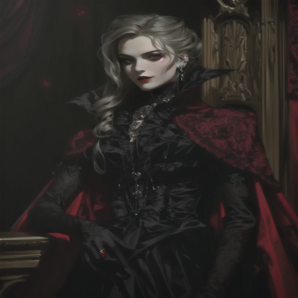 arafed portrait of a woman in a black dress and red cape, beautiful vampire female queen, portrait of a lady vampire, elegant victorian vampire, beautiful vampire queen, gothic fantasy art, victorian vampire, dark fantasy style art, vampire queen, in style of dark fantasy art, gothic regal, gothic princess portrait, vampire fashion, dark fantasy portrait, vampire portrait