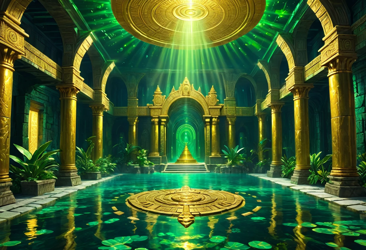 gold atlantis, gold treasure, aztec, riches, green lighting, HDR, 4k resolution, (painting realistic : 1.3), (ultra high resolution: 1.0 ), (((best quality, 8 thousand, masterpiece:1.4))