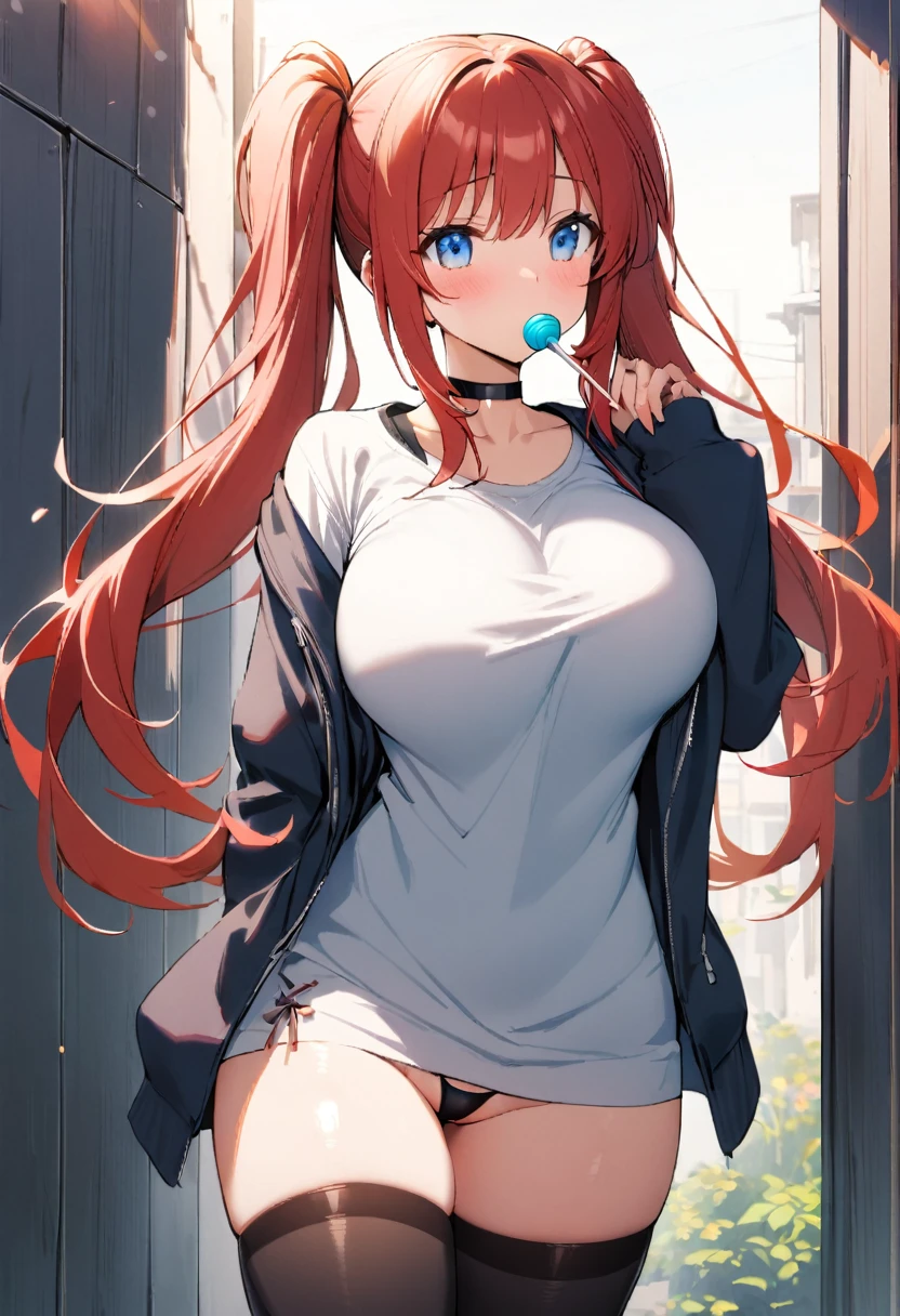 1girl, solo, twin tails, long hair, red hair, blue eyes, light blush, lollipop in mouth, choker, tshirts, tight tshirts, hoodie, open hoodie, big breasts, , thong lines, thighhighs boots, sunshine, standing, cowboy shot