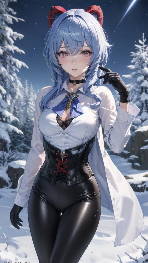 Masterpiece, Beautiful art, professional artist, 8k, sleeping expression, very detailed face, Detailed clothing, detailed fabric, 1 girl, Hiring, (genshin impact), View from the front, standing, perfectly drawn body, pale skin, shy expression, beautiful face, agregar cuernos de Hiring en la cabeza, Long sky blue hair, 4k eyes, very detailed eyes, pink cheeks, choker:1.6, (white long sleeve button down shirt with white collar), black gloves, gloves that cover hands, (holds an ancient bow), (black leather corset), (shiny black leggings), Sensual Lips, show details in the eyes, snowy dark forest, at night, starry night sky