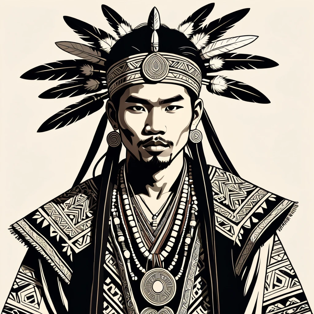 man in folk outfit from an unknown asian tribe, vector graphics, strong contours