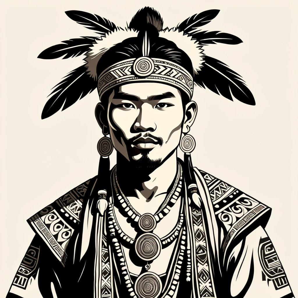 man in folk outfit from an unknown asian tribe, vector graphics, strong contours