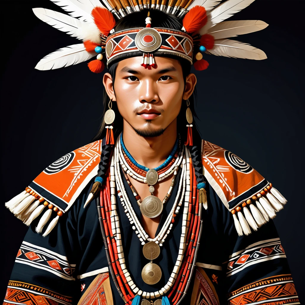 man in folk outfit from an unknown asian tribe, vector graphics, strong contours
