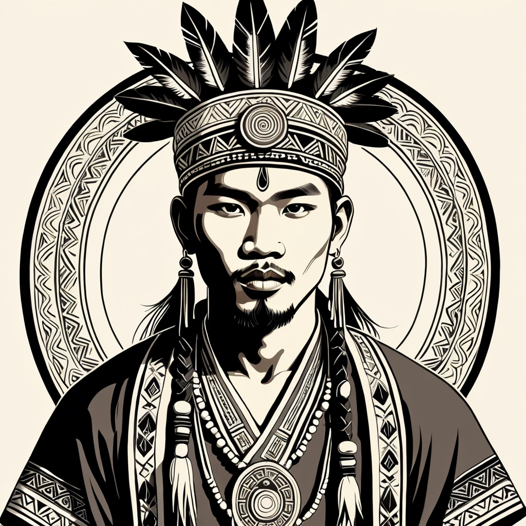 man in folk outfit from an unknown asian tribe, vector graphics, strong contours