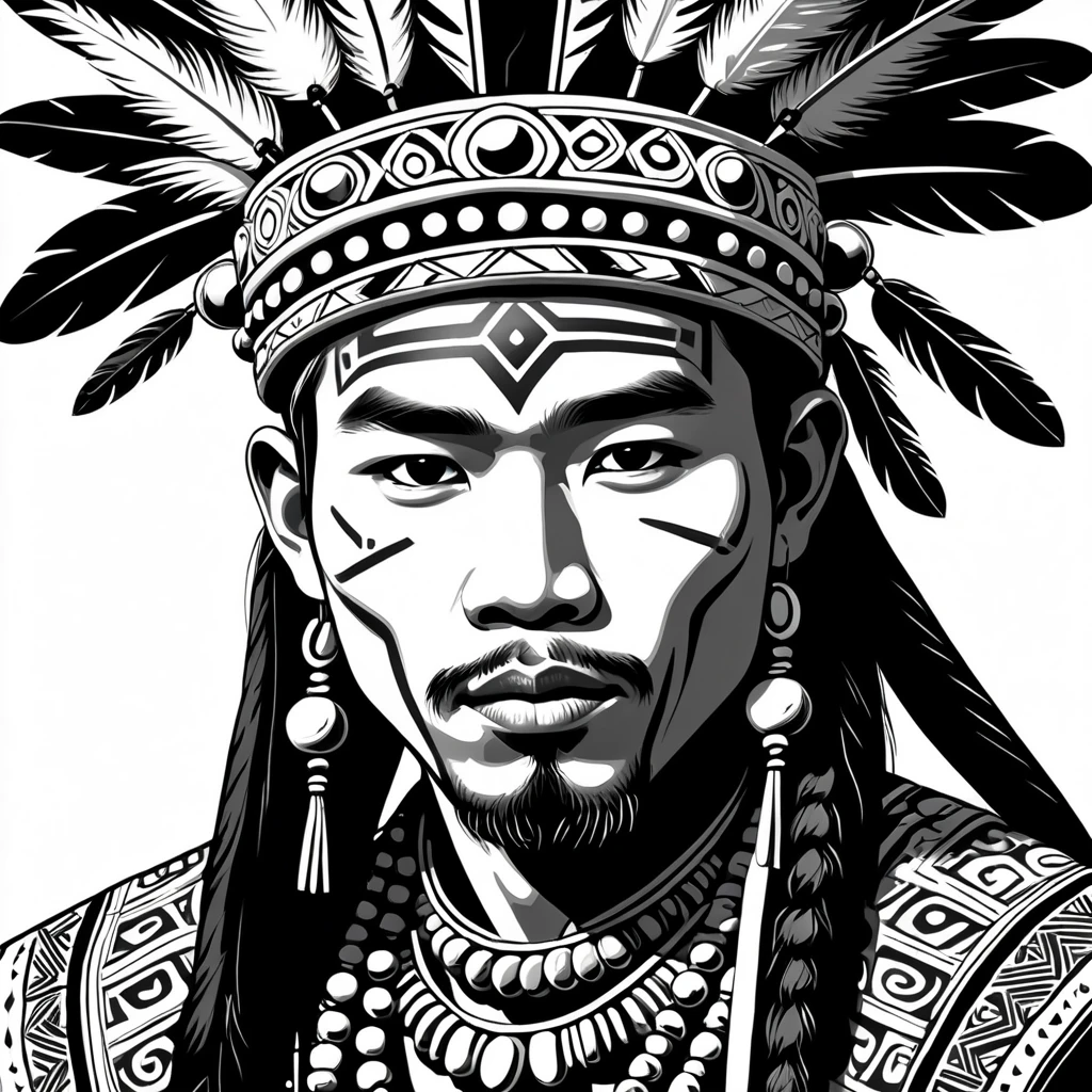 man in folk outfit from an unknown asian tribe, vector graphics, strong contours