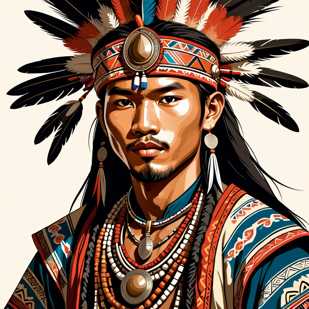 man in folk outfit from an unknown asian tribe, vector graphics, strong contours