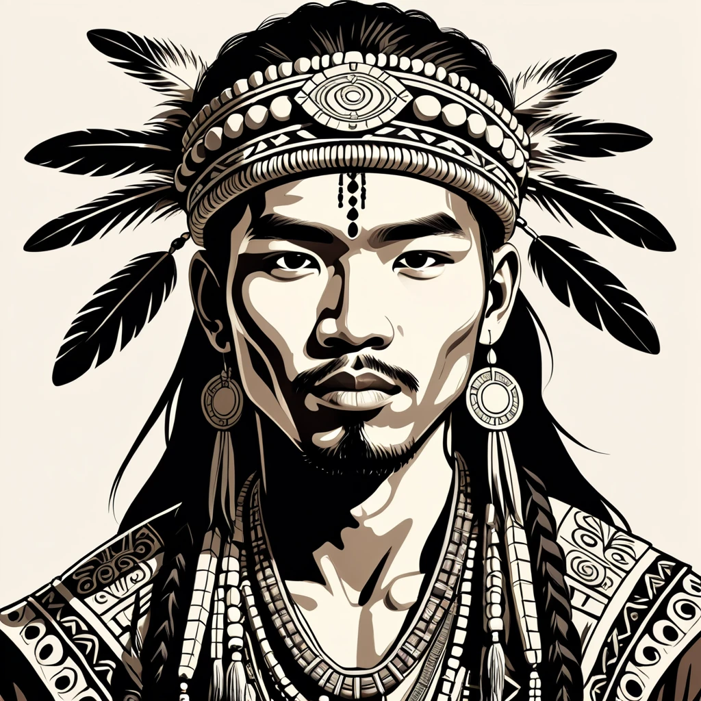 man in folk outfit from an unknown asian tribe, vector graphics, strong contours
