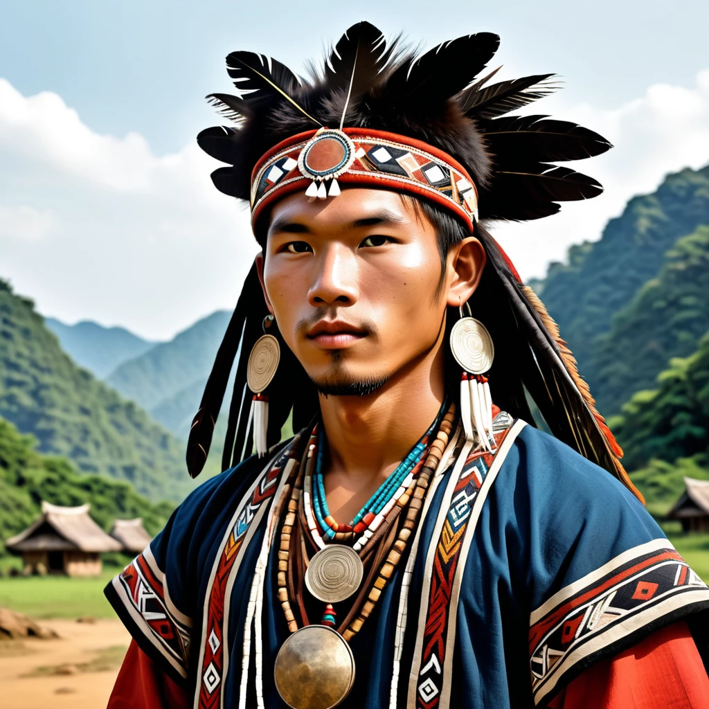 man in folk outfit from an unknown asian tribe, vector graphics, strong contours