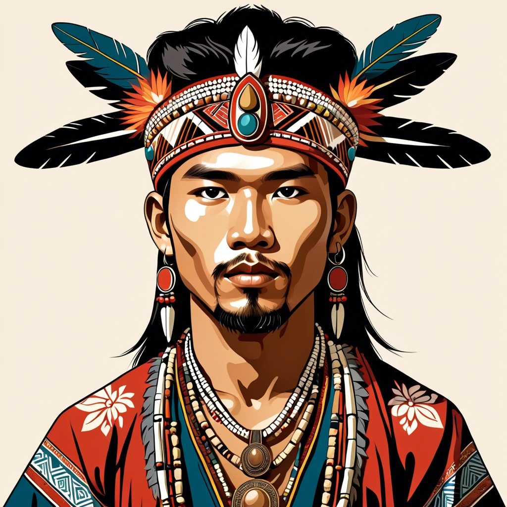 man in folk outfit from an unknown asian tribe, vector graphics, strong contours
