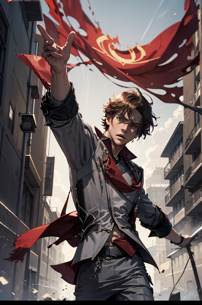 1 male solo, dynamic pose, cinematic shot, orande hair, red mask on side of the head, grey jacket, red scarf, cinematic shot, epic movie poster style, dramatic light, 