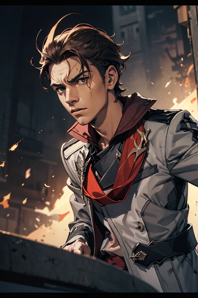 1 male solo, dynamic pose, cinematic shot, orande hair, red mask on side of the head, grey jacket, red scarf, cinematic shot, epic movie poster style, dramatic light,