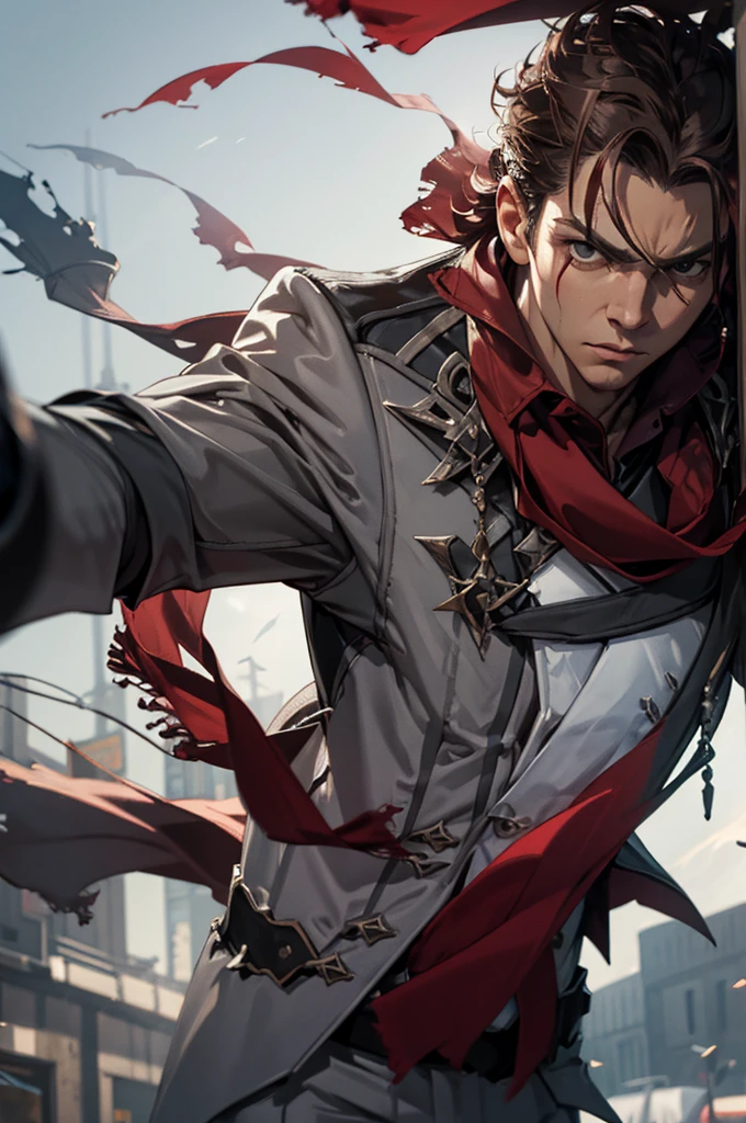 1 male solo, dynamic pose, cinematic shot, orande hair, red mask on side of the head, grey jacket, red scarf, cinematic shot, epic movie poster style, dramatic light,
