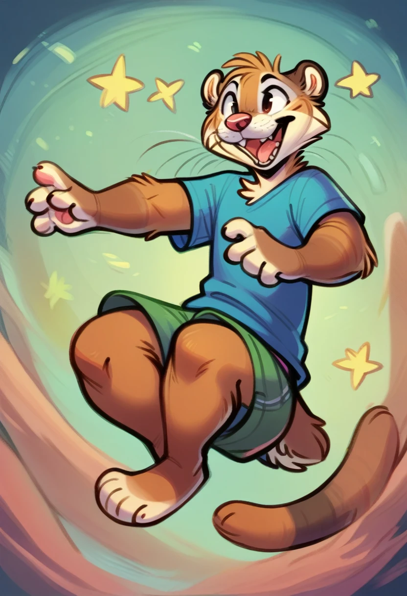 murine, murid, anthro, weasel , solo, clothing, mammal, male, topwear, clothed, detailed background, hi res, feet, shirt, open mouth, 3 toes, jumping, midair, action pose, fur, whiskers, smile, toes, buckteeth, 4 fingers, fingers, gesture, teeth, biped, barefoot, 