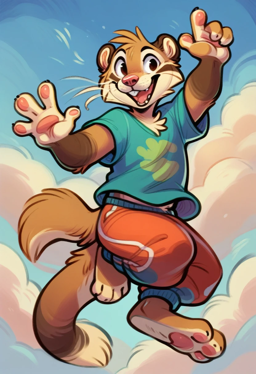 murine, murid, anthro, weasel , solo, clothing, mammal, male, topwear, clothed, detailed background, hi res, feet, shirt, open mouth, 3 toes, jumping, midair, action pose, fur, whiskers, smile, toes, buckteeth, 4 fingers, fingers, gesture, teeth, biped, barefoot, 