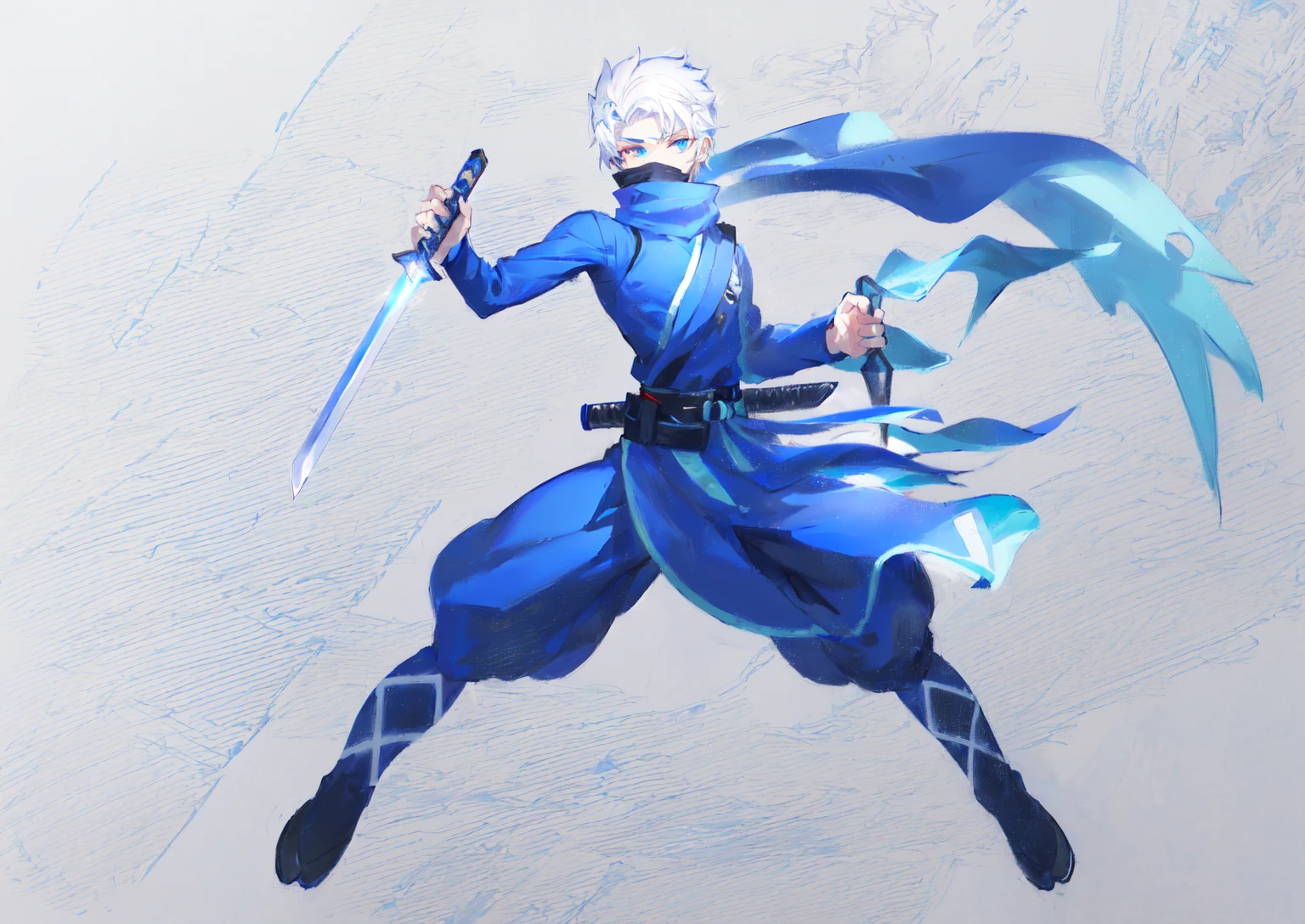 sketches of a drawing of a androgynous young boy with 2 swords, an anime drawing, detailed fanart, hero 2d fanart artsation, ( ( character concept art ) ), anime drawing, game art!!, with out shading, anime shading), dramatic wielding sword pose, anime shading, white hair, glowing blue eyes, pale skin, black ninja pants, black vest, blue belts, short blue jacket, very long ponytail 