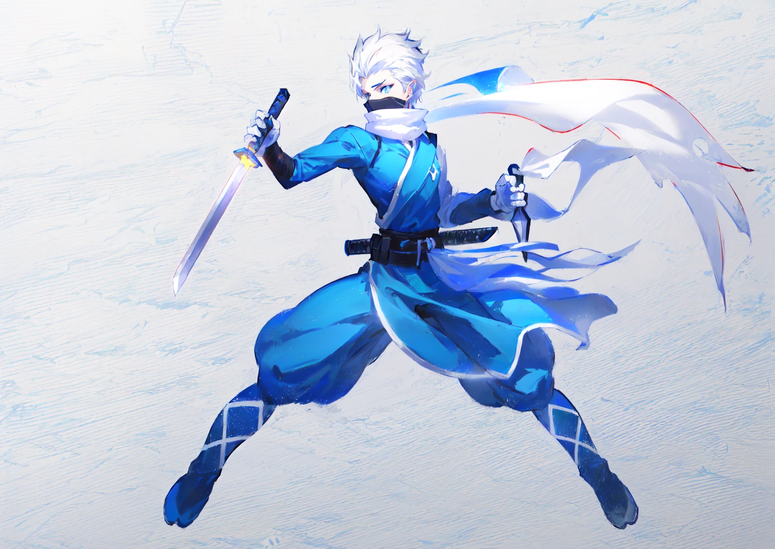 sketches of a drawing of a androgynous young boy with 2 swords, an anime drawing, detailed fanart, hero 2d fanart artsation, ( ( character concept art ) ), anime drawing, game art!!, with out shading, anime shading), dramatic wielding sword pose, anime shading, white hair, glowing blue eyes, pale skin, black ninja pants, black vest, blue belts, short blue jacket, very long ponytail