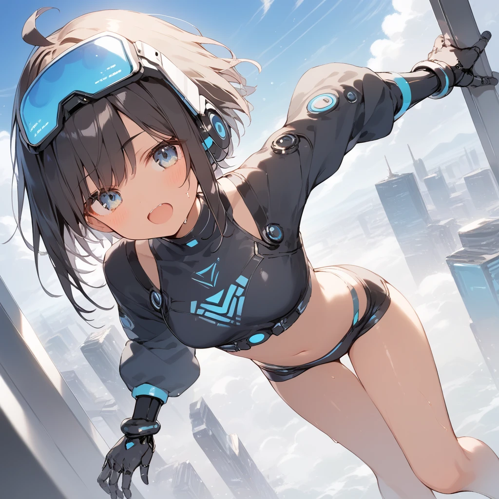 score_9, score_8_up, score_7_up, source_anime, best quality, masterpiece, official art, absurdres, highres, ultra-detailed,waifu2x,Collection: Slice of Life,break,1girl, cyborg girl, briliant azure eyes, , crop top cyborg armor, futuristic headset, futuristic tech, mindcontrol device installed on head, tomboy, tanned-skinned female, short hair, low ponytail, futuristic virtual realisty headset, beautiful detailed eyes, sweat, open mouth, (yawn:0.3), sleepily, standing, futuristic city, wind, break, from bellow, ((show belly)), ((show upper legs)), (clear line illustration:1.2),very high resolution, very aesthetic, super detailed skin, Best sexual lighting powered by famous artist, 8k,cute picture,beauty illustration,photoshop_(medium),,(Detailed Lighting),best anime 8k konachan wallpaper, pixiv contest winner,