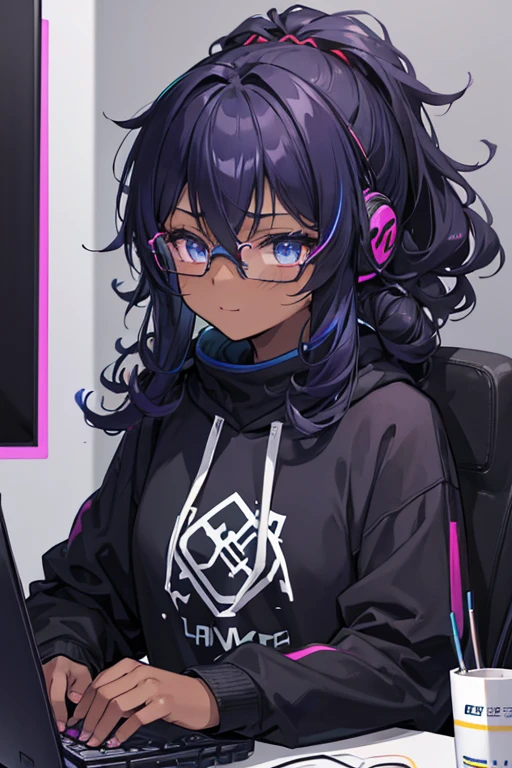 Play a game,electronic sports,curly hair tied up,darkskin,アニメ,gamer,pc gamer rgb roxo,black sweatshirt,round glasses,headset,streamer, 2d,アニメ,Sympathy,ssmile,neutral face',perrrfil