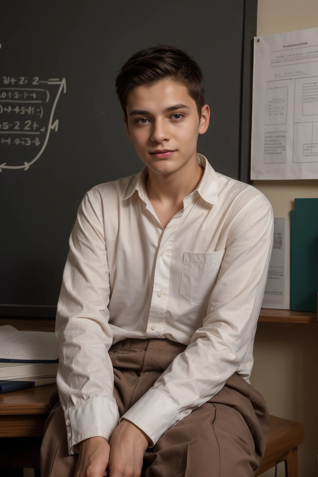 A beautiful young male twink with black hair, wearing a long-sleeved white cotton shirt and brown pants. He is in his office, sitting at a desk and studying general medicine. Behind him is a blackboard with calculus written on it. He looks on proudly, with a face with reddish makeup.