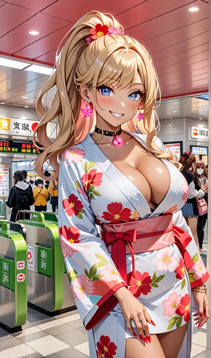 ultra-detailed, ((one girl)), (tan skin:1.6), in pastel colors gyaru, (heavy makeup), (professional lighting) hyper detailed, absurdres, 8K, Beautiful Face, (Laugh shyly), ((teasing smile:1.8)), ((Wink:1.7)), (Laugh with your mouth wide open),((Tilt your face:1.6)), View your viewers, ((Bright red cheeks:1.6)),Glossy Red Lips, ((Big Breasts:1.5)), ((undressing:1.2)), noon, Station ticket gates , ((Anime style background)),masterpiece, Highest quality, so beautiful,Latest, Complex details, ((Neon pink long nails)), (nail art), (ring),(bracelet), (Floral Choker),AI-generated, Complex,High resolution, Highest quality, super high quality,3D Images、3D Images,One person,Blonde long hair,(High Ponytail), (wavy hair:1.3), Blonde anime woman posing for a photo, ((Fine grain、blue eyes、glowing eyes:1.4)), (Squint your eyes:1.1),a hyperRealistic , hyperRealistic , Realistic,Anime woman with long pastel yellow hair, Smooth anime CG art, A girl in a gorgeous pastel-colored kimono, ((Pastel-colored furisode)),(Pink large floral pattern), Long flower hair ornament,Floral Earrings,Mature Body, tall,Narrow waist, ((from side))