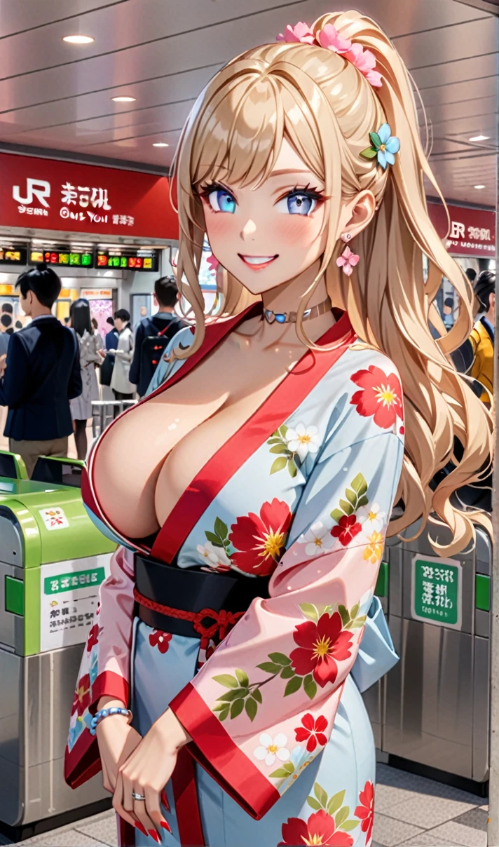 ultra-detailed, ((one girl)), (tan skin:1.6), in pastel colors gyaru, (heavy makeup), (professional lighting) hyper detailed, absurdres, 8K, Beautiful Face, (Laugh shyly), ((teasing smile:1.8)), ((Wink:1.7)), (Laugh with your mouth wide open),((Tilt your face:1.6)), View your viewers, ((Bright red cheeks:1.6)),Glossy Red Lips, ((Big Breasts:1.5)), ((undressing:1.2)), noon, Station ticket gates , ((Anime style background)),masterpiece, Highest quality, so beautiful,Latest, Complex details, ((Neon pink long nails)), (nail art), (ring),(bracelet), (Floral Choker),AI-generated, Complex,High resolution, Highest quality, super high quality,3D Images、3D Images,One person,Blonde long hair,(High Ponytail), (wavy hair:1.3), Blonde anime woman posing for a photo, ((Fine grain、blue eyes、glowing eyes:1.4)), (Squint your eyes:1.1),a hyperRealistic , hyperRealistic , Realistic,Anime woman with long pastel yellow hair, Smooth anime CG art, A girl in a gorgeous pastel-colored kimono, ((Pastel-colored furisode)),(Pink large floral pattern), Long flower hair ornament,Floral Earrings,Mature Body, tall,Narrow waist, ((from side))