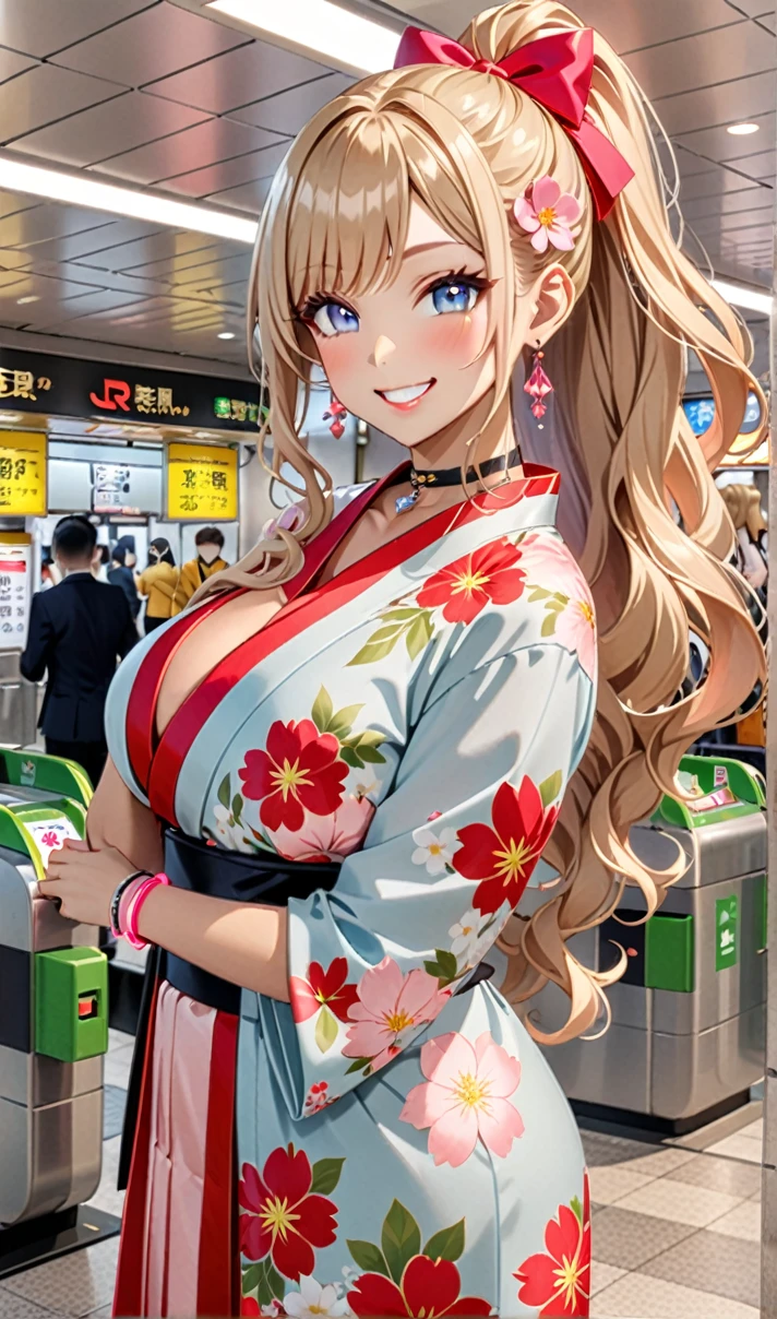 ultra-detailed, ((one girl)), (tan skin:1.6), in pastel colors gyaru, (heavy makeup), (professional lighting) hyper detailed, absurdres, 8K, Beautiful Face, (Laugh shyly), ((teasing smile:1.8)), ((Wink:1.7)), (Laugh with your mouth wide open),((Tilt your face:1.6)), View your viewers, ((Bright red cheeks:1.6)),Glossy Red Lips, ((:1.5)), ((undressing:n, Station ticket gates , ((Anime style background)),masterpiece, Highest quality, so beautiful,Latest, Complex details, ((Neon pink long nails)), (nail art), (ring),(bracelet), (Floral Choker),AI-generated, Complex,High resolution, Highest quality, super high quality,3D Images、3D Images,One person,Blonde long hair,(High Ponytail), (wavy hair:1.3), Blonde anime woman posing for a photo, ((Fine grain、blue eyes、glowing eyes:1.4)), (Squint your eyes:1.1),a hyperRealistic , hyperRealistic , Realistic,Anime woman with long pastel yellow hair, Smooth anime CG art, A girl in a gorgeous pastel-colored kimono, ((Pastel-colored furisode)),(Pink large floral pattern), Long flower hair ornament,Floral Earrings,Mature Body, tall,Narist, ((from side))