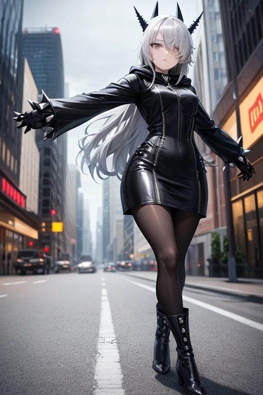 ((best quality)), ((masterpiece)), (detailed), 1 girl, Full body, 18 years old, Depressed face, Silver eyes, One eye, Outstretched arms, Covered eyes, Silver hair, Long hair, Spiky hair, Bangs, Strand of hair covering her eye, Full body, Tall, Athletic, Small breasts, Slim, Gray zippered hood, Metal spikes, Gray wristbands, Long black spiked gloves, Gray gothic outfit, Gothic, Gray dress with metal spikes, Metal emblem, Tight fit, Black belt, Black pantyhose, Black boots, Walking through the city, Metal spikes coming out of the highway, City background, Gray clothes, Superhero, Anime, Plush rabbit in her arms