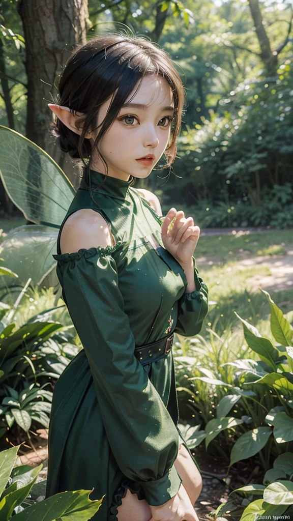 Anime girl in green and black costume on wings and green background, pixie character, fairy, forest fairy, insect trainer girl, brunette elf with fairy wings, pixie, cute 3d anime girl rendering, April rendering, fairy dance, open legs  