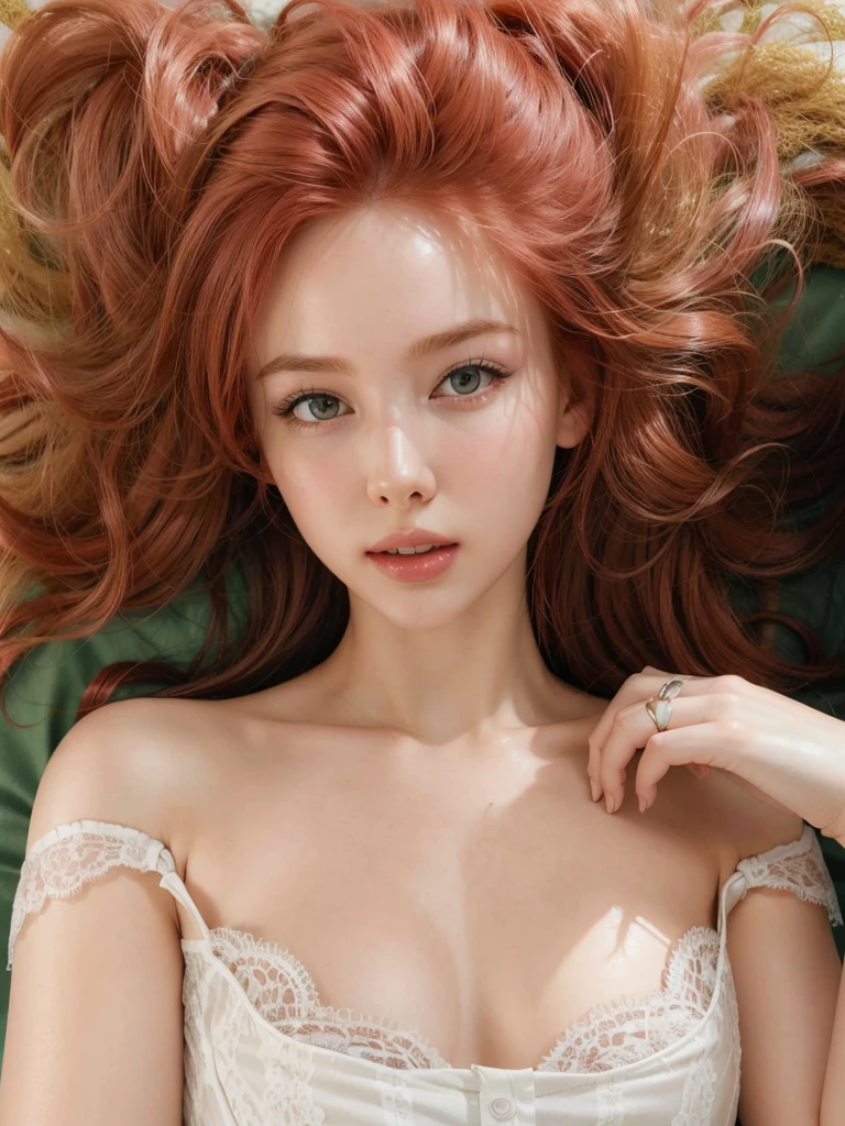 Best Quality, master part, ultra high resolution, (photorealistic:1.4), raw photo, 1 girl, laying in the bed, looking at the viewer, long red hair, pale skin, Half body, neckline