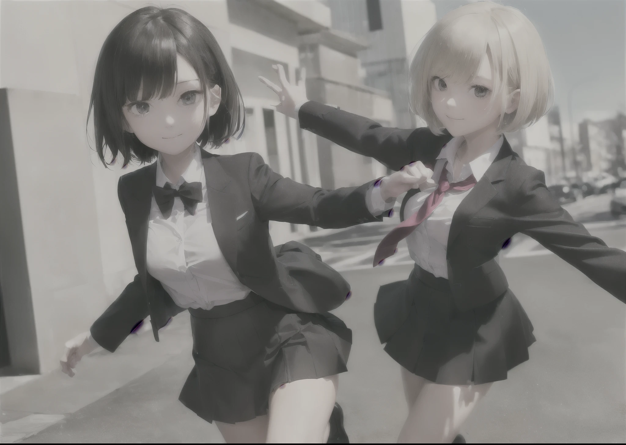 (masterpiece, best quality,extreme detAIled beautiful Eye),High Saturation， Optimal lighting, Perfect lighting,Look at the audience, (1 girl, Solitary,sky, City:1.3),NanasakiAI,Nanasaki_AI,
(whole body,Dynamic Angle,Dynamic poses,Smile,shining_Eye:1.2),(long_sleeve,Black_jacket,jacket,School_,Gibito_High target_School_:1.2),
(short_hAIr,Large target_breast,clavicle:1.2),Black_bow tie,Blackskirt,Wrinkles_skirt,White_shirt