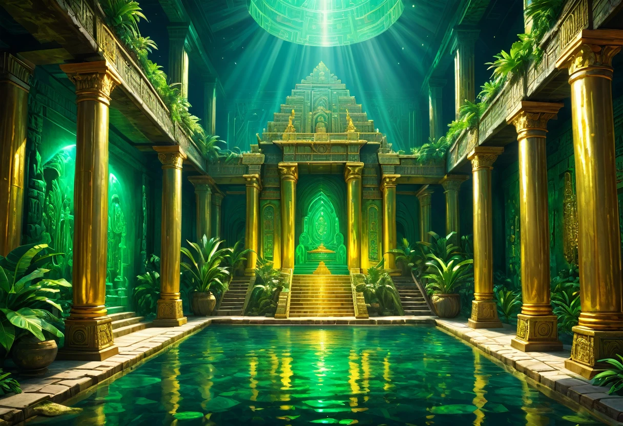 gold atlantis, gold treasure, aztec, riches, green lighting, HDR, 4k resolution, (painting realistic : 1.3), (ultra high resolution: 1.0 ), (((best quality, 8 thousand, masterpiece:1.4))