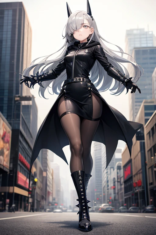 ((best quality)), ((masterpiece)), (detailed), 1 girl, Full body, 18 years old, Depressed face, Silver eyes, One eye, Outstretched arms, Covered eyes, Silver hair, Long hair, Spiky hair, Bangs, Strand of hair covering her eye, Full body, Tall, Athletic, Small breasts, Slim, Gray zippered hood, Metal spikes, Gray wristbands, Long black spiked gloves, Gray gothic outfit, Gothic, Gray dress with metal spikes, Metal emblem, Tight fit, Black belt, Black pantyhose, Black boots, Walking through the city, Metal spikes coming out of the highway, City background, Gray clothes, Superhero, Anime, Plush rabbit in her arms