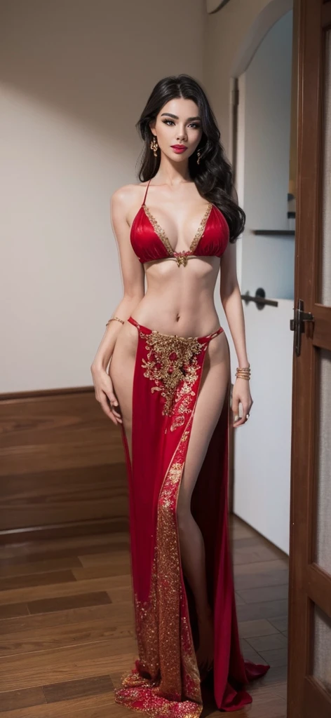 A skinny thin girl with beauti full delicate face red lips with thin skinny arms, thin skinny long legs and thin waist with dressed as apsara ,very deep neck v shape boho dress standing a seductive pose with seductive expression