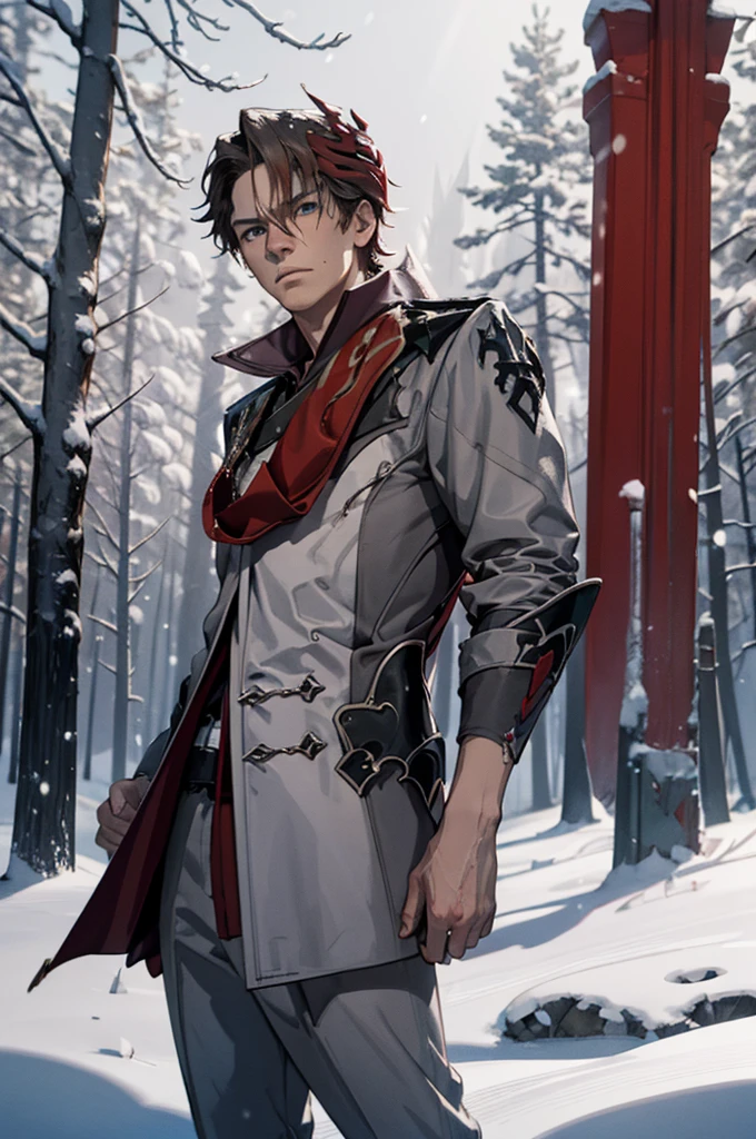 1 male solo, dynamic pose, cinematic shot, orande hair, red mask on side of the head, grey jacket, red scarf, cinematic shot, epic movie poster style, dramatic light, snowy landscape, russian snowy forest