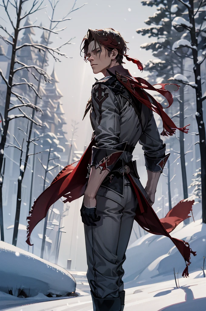 1 male solo, dynamic pose, cinematic shot, orande hair, red mask on side of the head, grey jacket, red scarf, cinematic shot, epic movie poster style, dramatic light, snowy landscape, russian snowy forest