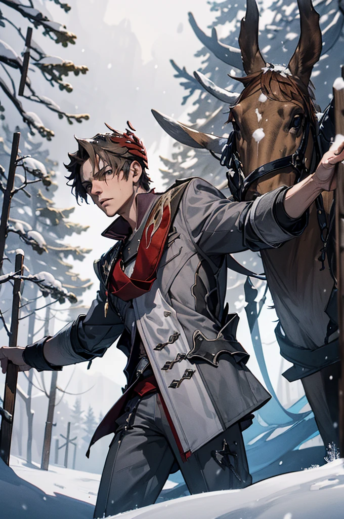 1 male solo, dynamic pose, cinematic shot, orande hair, red mask on side of the head, grey jacket, red scarf, cinematic shot, epic movie poster style, dramatic light, snowy landscape, russian snowy forest