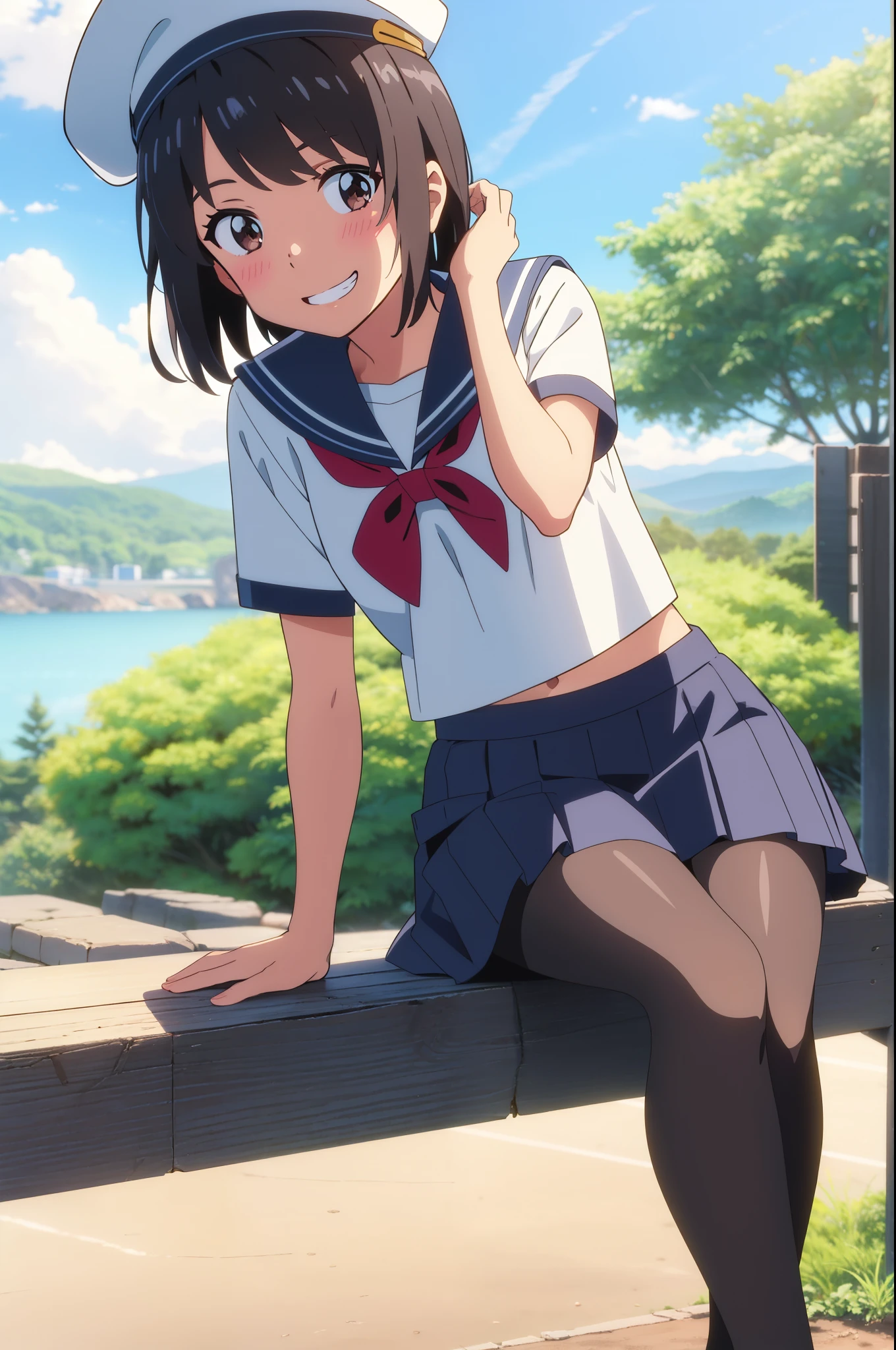 shinkai makoto, kimi no na wa., 1girl, bangs, black hair, blush, expressive eyes, brown eyes, perfect face, looking at the viewer, sailor uniform, sailor's hat, exposed navel, white shirt, short sleeves, black pantyhose, blue skirt, short hair, solo, outdoors, shinny skin, smile, cute, grin, cloudy, blue sky, mountains, rocks, sitting