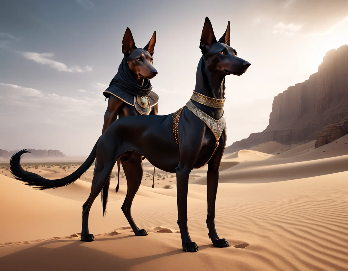 full body portrait of a black pharaoh hound, jackal and silken windhound hybrid beast, mysterious desert scenery, fantasy, dark fantasy, full body, cinematic, render, 8k, unreal engine, realistic, masterpiece, high detail, full body, low life, volumetric lighting