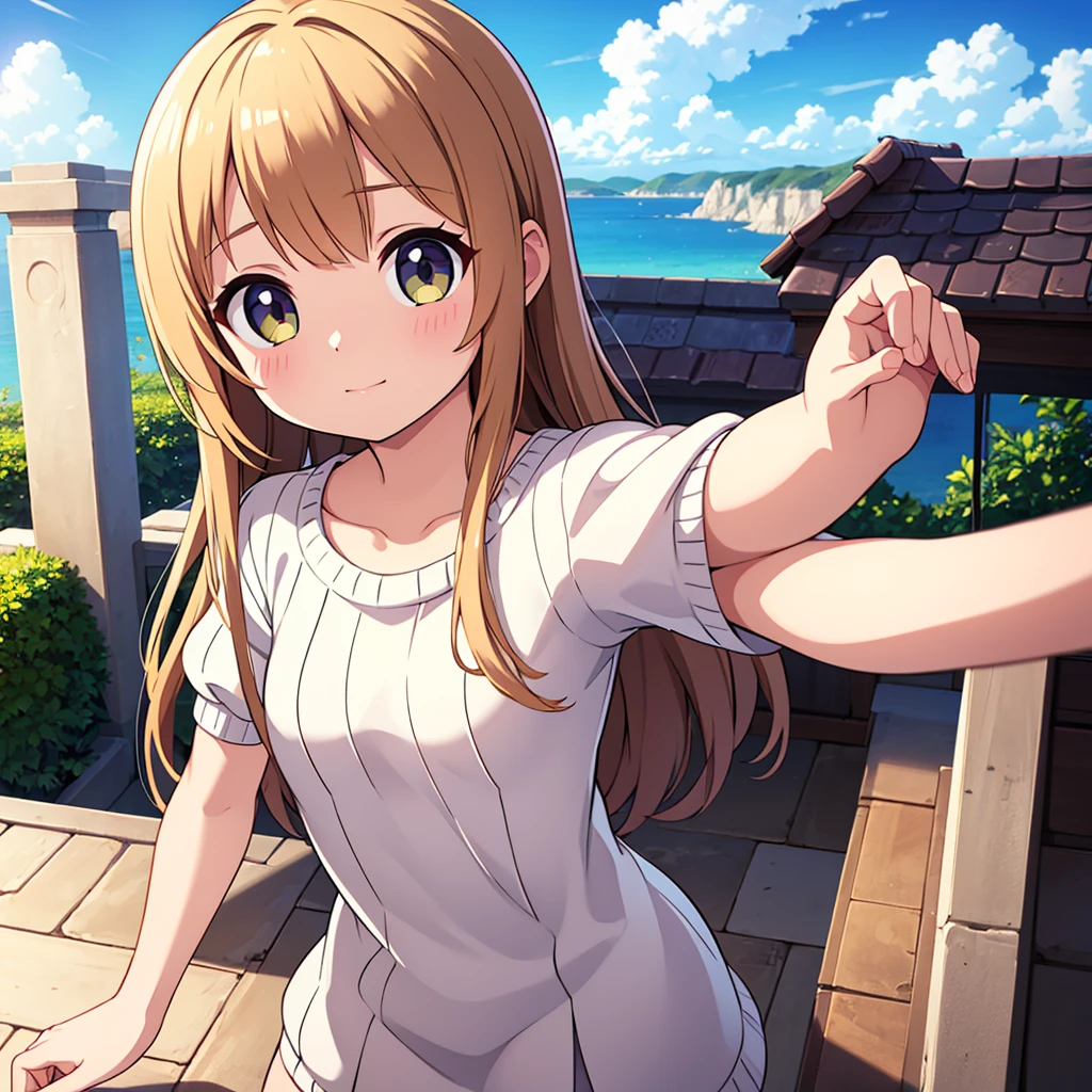 (alone:1.3)), One girl, Highest quality, Genuineistic, Realistic, Highest quality, masterpiece, Very delicate and beautiful, Very detailed, (Selfie:1.2), The finer details, Super detailed, High resolution, Very detailed, Genuineistic, Ultra High resolution, Highest quality, Ultra High resolution, (Genuine:1.4), High-quality texture, Wear a thin white summer knit, On the roof, bangs, Long Hair , Afternoon Light, Wonderful sky and clouds